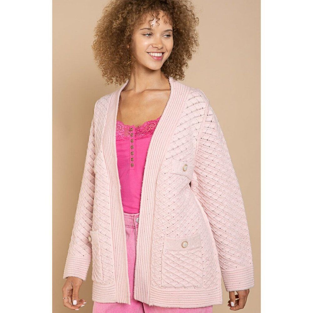 POL Clothing Women's Baby Pink Luxe Open Cardigan Sweater with Buttons YST174 - Picture 12 of 12